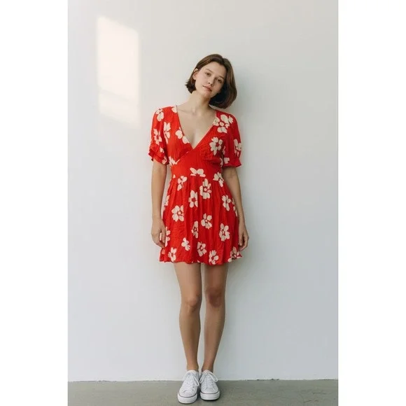 TOPSHOP Deep Orange Floral Print Short Sleeve V Neck Mini Dress UK‎ 8 US 4