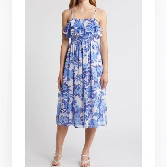 NWT Chelsea28 Blue Floral Printed Tiered Ruffle Chiffon Midi Dress