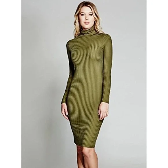 GUESS Marciano Olive Green‎ Ribbed Turtleneck Long Sleeve Bodycon Dress