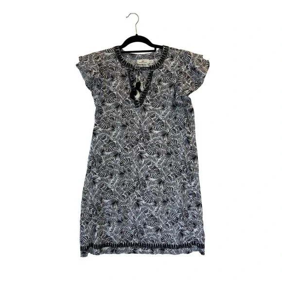 Vineyard Vines Linen Dress XS Embroidered Black White Palm Print Pom Pom Boho