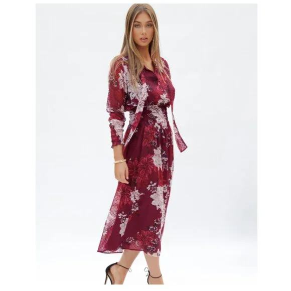 NWT Bishop + Young Cameo Midi Floral Long Sleeve Dress Dahlia Size Large