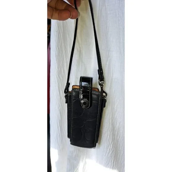 Vintage Y2K Coach Black Signature Embossed Leather Cell Phone Crossbody Bag Mini