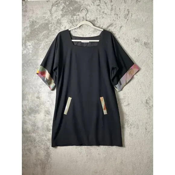 Matthew Williamson Black Mini Dress Abstract Trim Pockets Oversized Boho Size 12