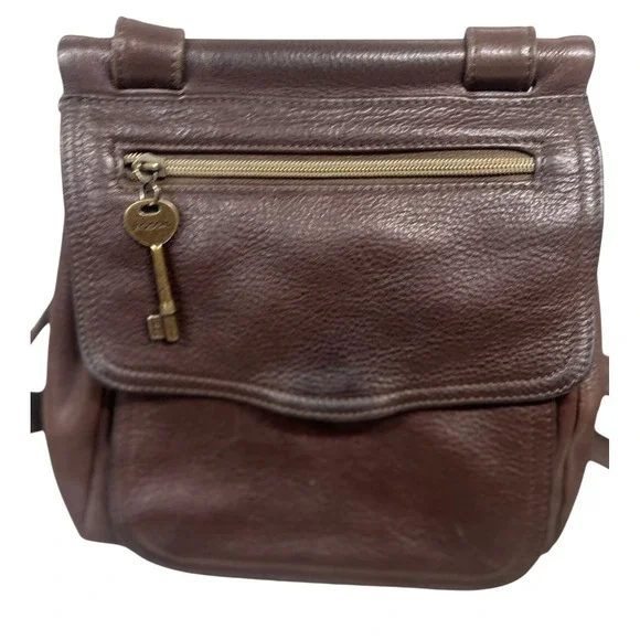 Fossil 954 Vintage Brown Pebbled Leather‎ Crossbody Bag Purse with Key Charm