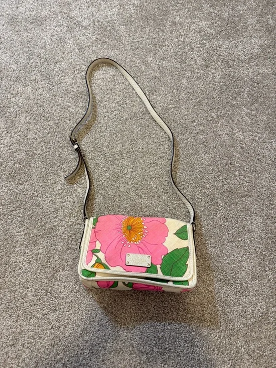 Kate Spade Cream Pink Floral Canvas Woven Leather Crossbody Bag Purse Summer