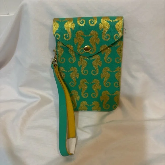Top It Off Seahorse Wristlet Phone Pouch Turquoise Gold Lilly Pulitzer style