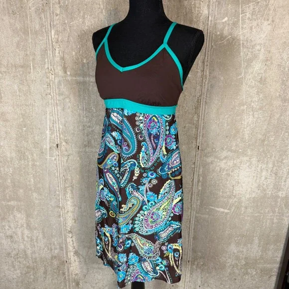 Athleta Brown Teal Paisley Swim Dress Small Shelf Bra Adjustable Racerback Mini