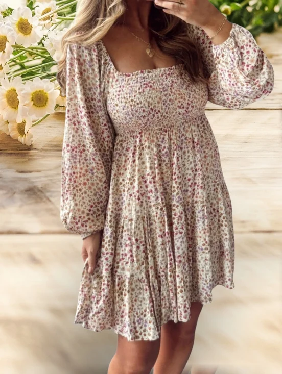 Hem&Thread Smocked Floral Babydoll Dress in Cream Pink Purple NWT SMALL