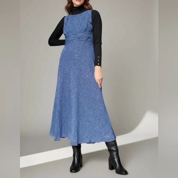 Talbots Silk Maxi Dress Ditsy Floral Blue Cottagecore Academia Layered Look