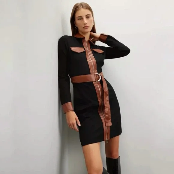 Derek Lam Jayda Mini Dress Black Brown Faux Leather Long Sleeve Sz 40 / 4 US