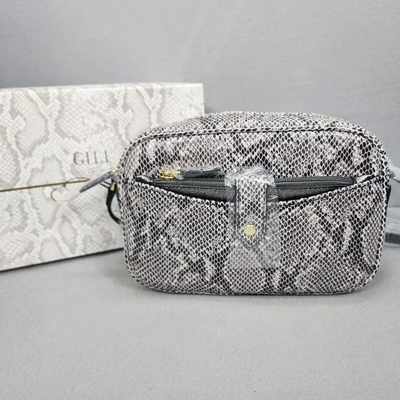 GILI Camera Bag Grey Snake Embossed Leather Crossbody Womens Small