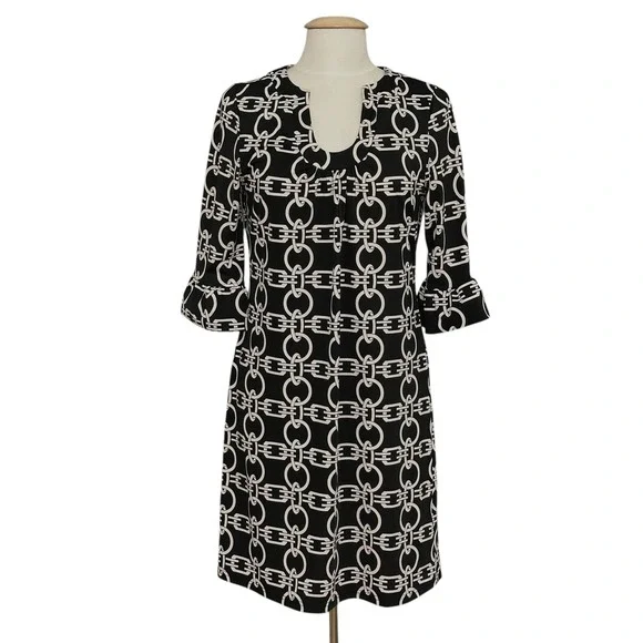 Aryeh Womens Dress M Black White Chain Print Jersey‎ Knit Shift Retro 90s Y2K