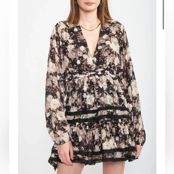 En Saison Babydoll Dress Rena Floral Print Boho Long sleeves Mini Chiffon 1X