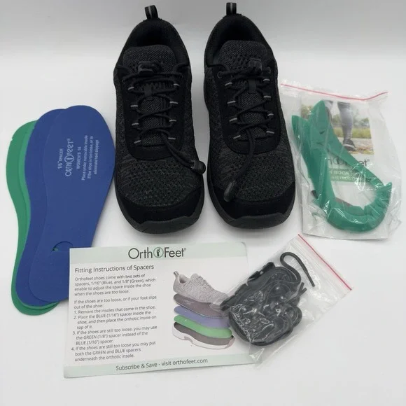 OrthoFeet 977 Coral No-Tie Lace‎ Athletic Shoe Black Women's Size 8.5 Medium NWB