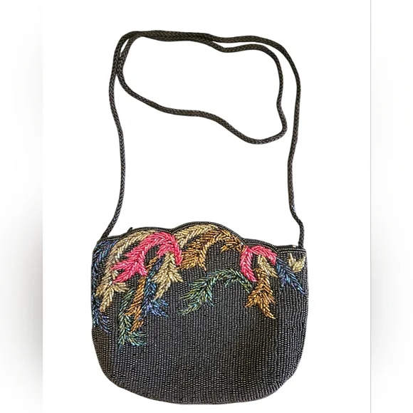 Vintage 80's Carla Marchi Beaded Black Multicolor Leaf Embroidered Shoulder Bag
