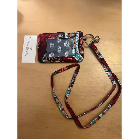 New Women’s Vera Bradley Zip ID Coin Purse Lanyard Burgundy Paisley Jamboree