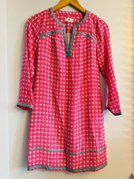 Vineyard Vines NWT Embroidered Beaded Tunic Dress Silk Geometric Print SZ 0