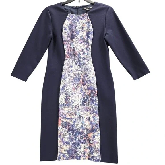 Antonio‎ Melani Navy Blue Floral Lace Print Illusion Sheath Dress 3/4 Sleeve 6