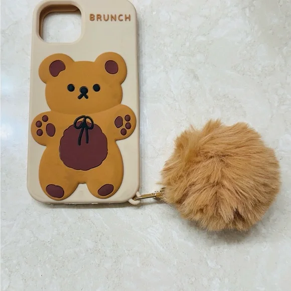 Yatchen Kawaii Tan Bear Brunch iPhone Case with Pom Pom Keychain