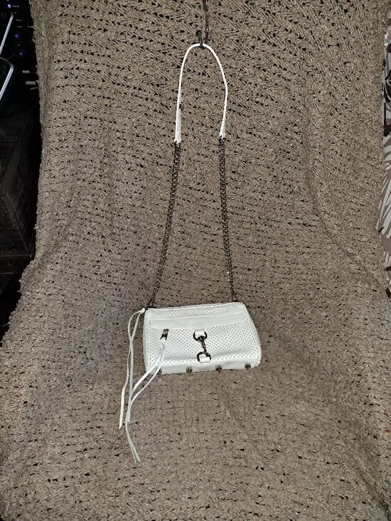 REBECCA MINKOFF-Blythe Crossbody-White Perforated Leather-Fringe Zips-Near Mint