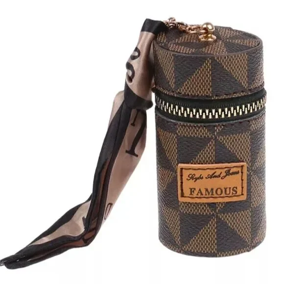 New Luxurious Lipstick Organizer/Coin Purse Keychain Brown Checkered Geo…