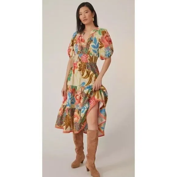 Anthropologie x Conditions Apply Puff-Sleeved Midi Dress Multicolour sz 6 US