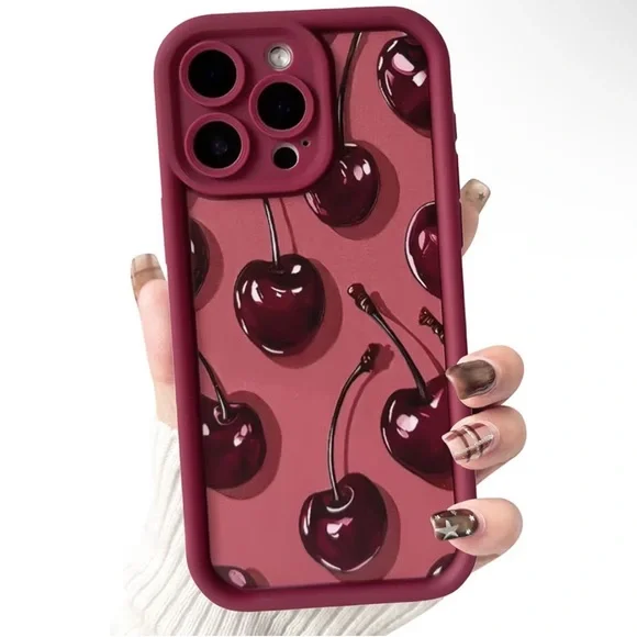 iPhone 15 Pro Max Cherry Print Soft TPU Shockproof Girly Case Burgundy Red