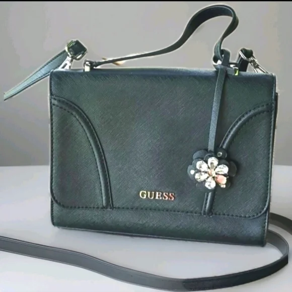 GUESS Black Faux Leather Rhinestone Flower Charm Shoulder Bag