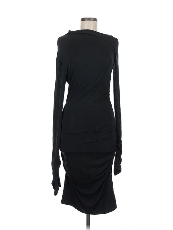 SNDYS Black Ruched Bodycon Midi Dress Long Sleeve Open Back Size Medium