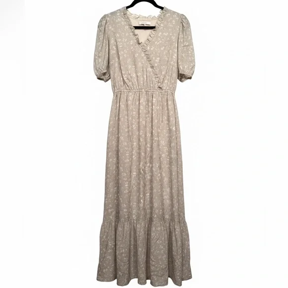 Women's beige ivory Floral ruffle tiered Maxi Dress size large nwt