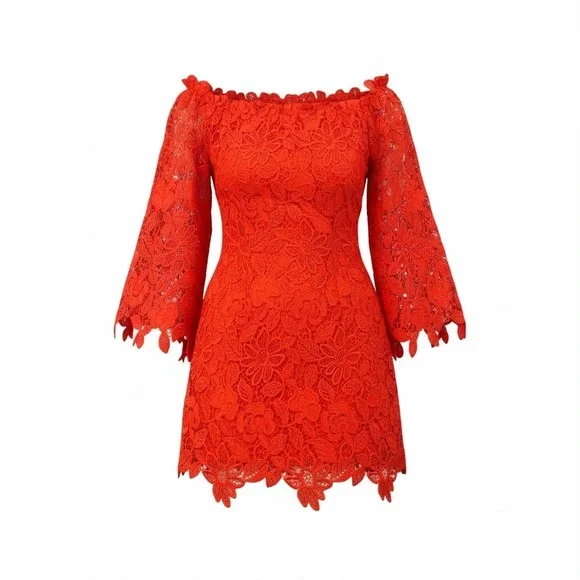 Free‎ People Fiesta Red Lace Dusk Dress Womens Size 2 Floral Lace Off Shoulder