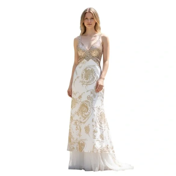 Mac Duggal Couture prom/pageant gown W/a Gold Foil Floral Print & Beaded Bodice