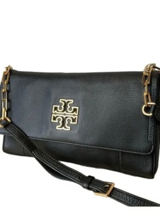 Tory Burch Britten Black Leather Fold Over Messenger Crossbody