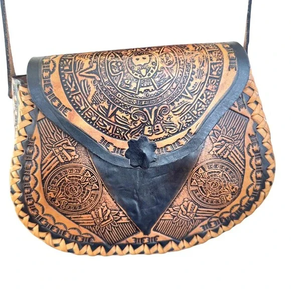 Vintage HandTooled‎ Leather Crossbody Mexico Aztec Mayan Calendar Boho Preloved