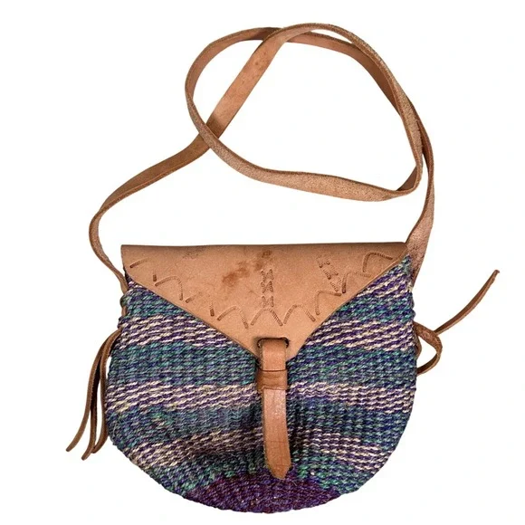 Vintage‎ Handwoven Sisal Leather Flap Crossbody Bag Purple Green Boho Festival