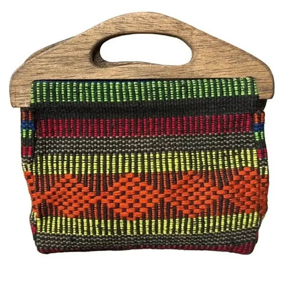 Y2K Colorful Woven Mosaic Western Design With Wooden‎ Handle Purse Bag