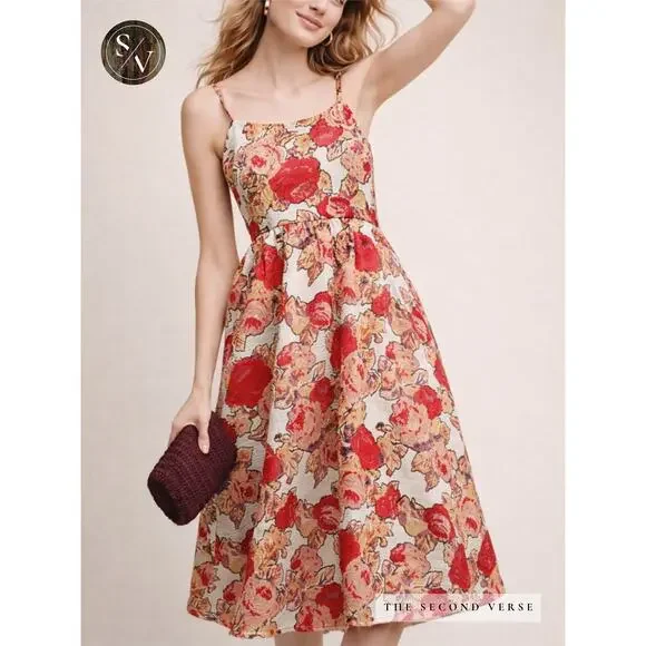 Rachel Antonoff Anthropologie Red Rose Midi Floral Dress Size 0 Petite