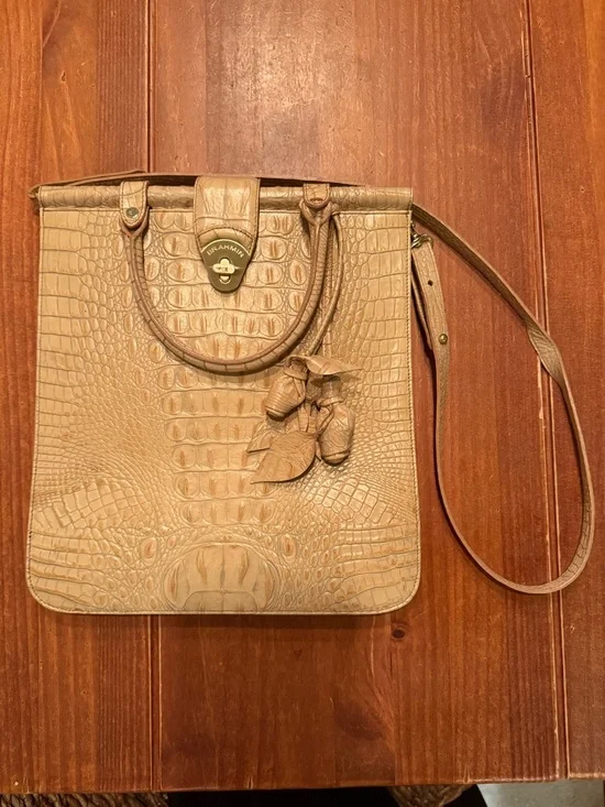 Brahmin Taupe Croc-Embossed Leather Caroline Crossbody with rose charm