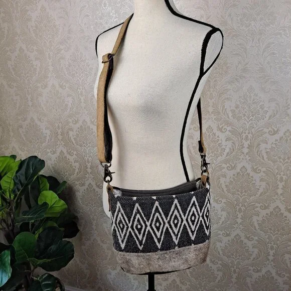 Myra Azure Printed Crossbody Shoulder Bag Cotton Leather Diamond Print Adj Strap