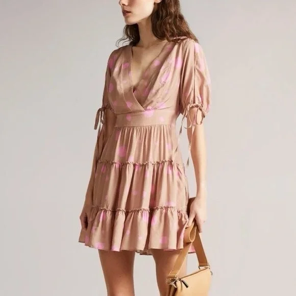 Ted Baker London Stefina Pastel Brown/Pink Polka Dot Tiered Mini Dres