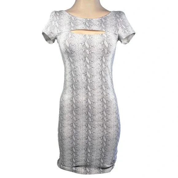 GUESS Snake Print Bodycon Mini Dress Small Gray Cutout Stretch Night Out