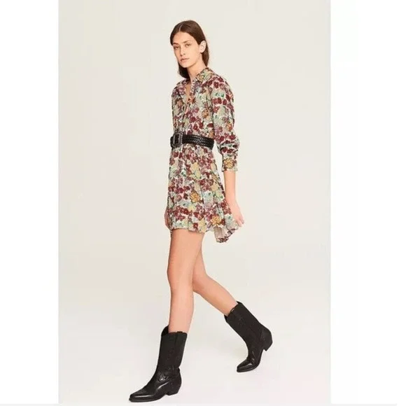 Ba&sh Poldie Floral Metallic Long Sleeve Mini Dress Multi Color Size XS
