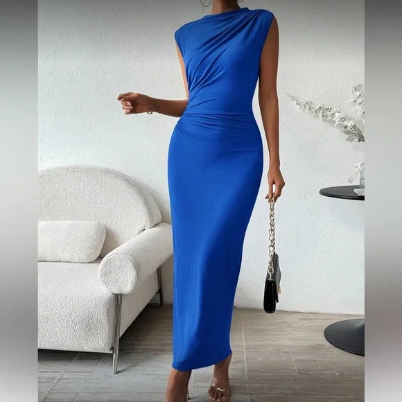 Elegant Blue Sleeveless Draped Bodycon Maxi Dress