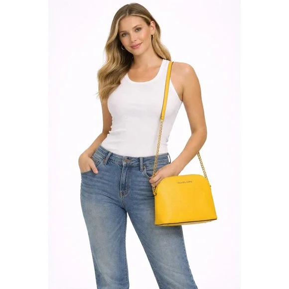 Michael Kors Yellow Leather Dome Crossbody‎ Gold Bag Chain Strap
