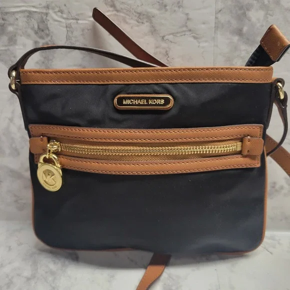 Michael Kors Black Nylon Tan Leather Trim Crossbody Bag Gold Hardware Padlock