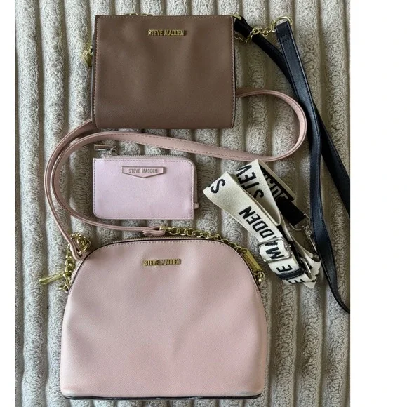 Steve Madden Crossbody Bag Bundle Pink Brown Handbags with Logo Straps 3pc Set