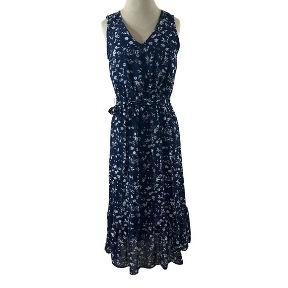 Jane and Delancey Womens XS Navy Blue Floral V-Neck Sleeveless Belt Midi Dress