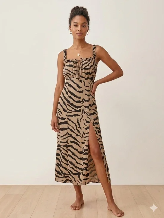 Bar III Beige and Black Zebra-Print Midi Dress with Side Slit