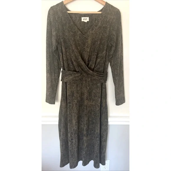 Pact Organic Cotton Dress Size‎ Medium Faux Wrap Snake Print Green Black