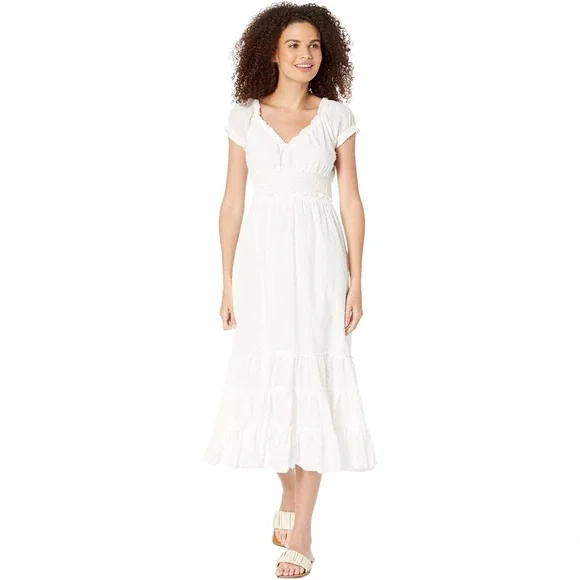 NWT‎ Betsey Johnson Cotton Clip Dot Smocked Puff Sleeve Optic White Midi Dress